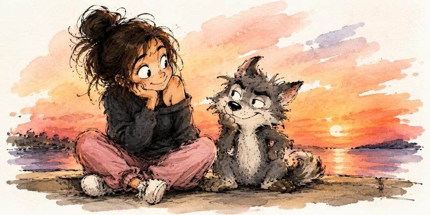 girl and wolf friend chillin together